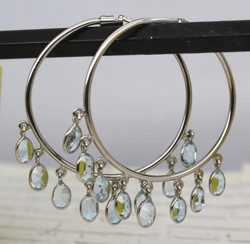 Blue Topaz Drops Hoop Earrings Big Earrings 925 Sterling Silver December Stone - Picture 4 of 7