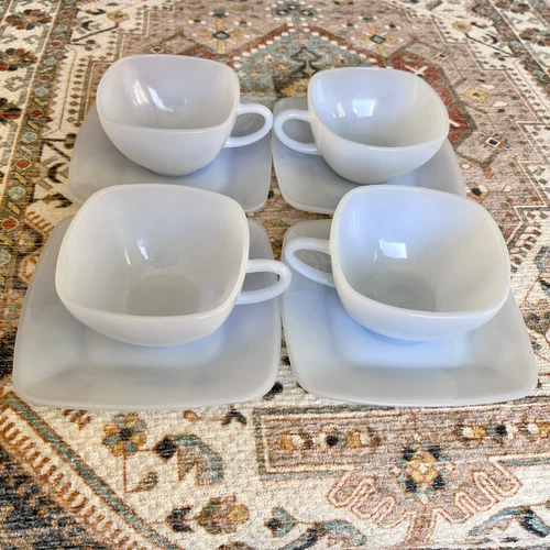 4 1950s Fire King Delphite Azurite Blue Charm Square Cups w/ Saucers READ