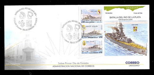 #22069 URUGUAY 2009 SHIPS MILITARIA NAVY RIVER PLATE BATTLE GRAF SPEE S/S FDC - Picture 2 of 2