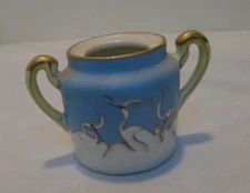 Blue & White Cranes Hand Painted Gold Trim Handled Jar/Mustard/Sauce No Lid VTG