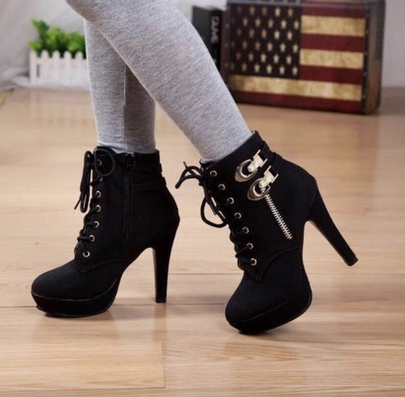 New Womens Fashion High Heel Winter Boots Platform Pumps Black W/ Gold  Buckles