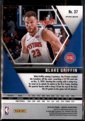 2019-20 Panini Mosaic #37 Blake Griffin Silver Prizm - Picture 2 of 2