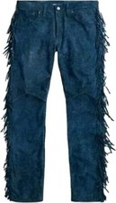 Blue Fringes Men Soft Suede Genuine Motorcycle 100 Leather Lambskin Pant Party