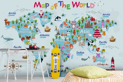 3D Cartoon World Map Wallpaper Wall Mural Self-adhesive Removable 475