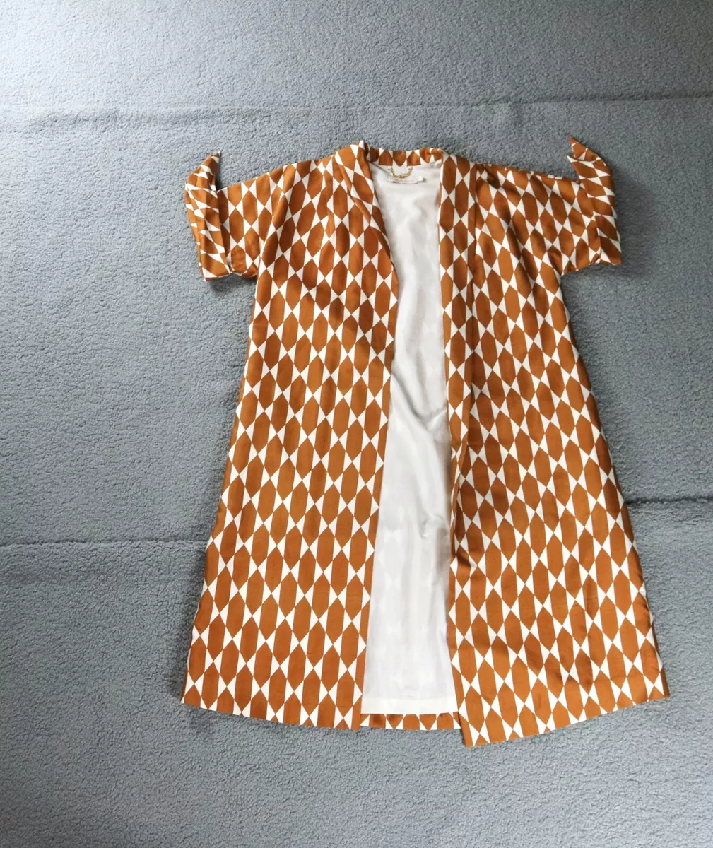 TORY BURCH Coat Womens 6 Haley Gold Diamond Tile Silk Geometric Brown White