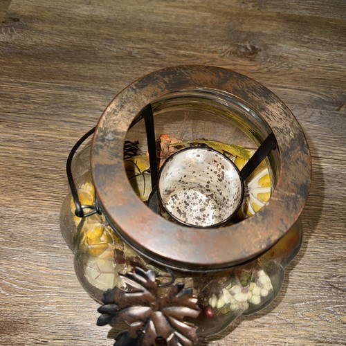 Autumn Pumpkin Glass Decorated Candle Lantern, With Metal Accents - Picture 17 of 24