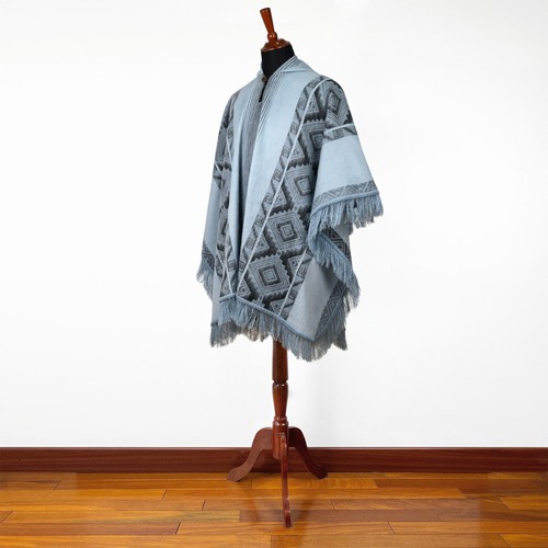 LIGHT BABY ALPACA WOOL HOODED PONCHO FRINGE UNISEX HANDMADE SKY BLUE & CHARCOAL - Picture 7 of 14