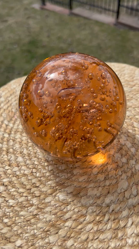 Vtg IKEA Amber Orange Glass Paperweight Controlled Bubbles Murano Style Art Orb - Video 1 of 1