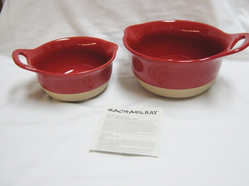 RACHAEL RAY RED STONEWARE HANDLED POUR SPOUT MIXING BATTER BOWL SET 1 & 2 QUARTS