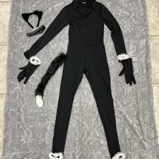 Women's XS Black Cat Jumpsuit Halloween Costume Ears Gloves Tail Studded Collar