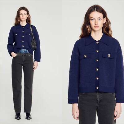 SANDRO ted boucle blue wool + alpaca blend cardigan jacket U.S X-SMALL $445