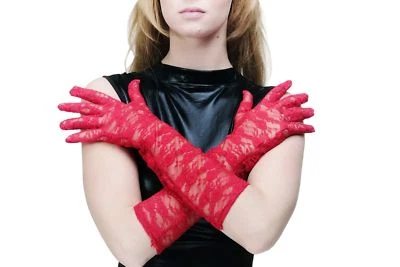 Burlesque Gants en Maille Dentelle Gants de Dentelle Long Rouge Z075 - Photo 1/3