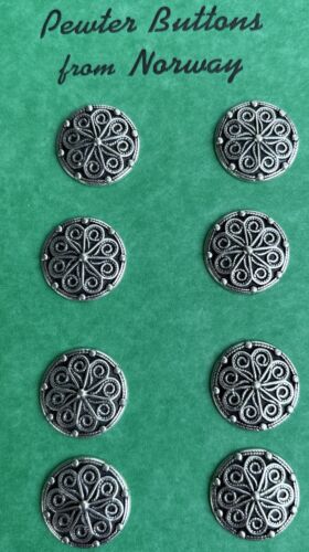 Vintage Pewter Buttons 8 WOW!! Tinn-Per Sissel Design 5/8” Norwegian
