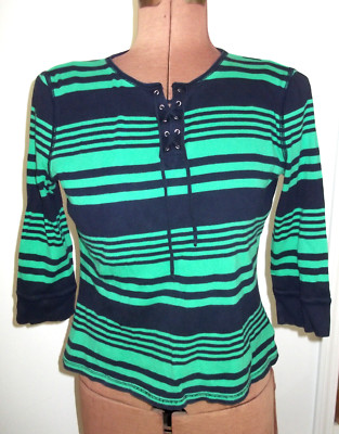 CHAPS Black Green STRIPED Drawstring LACE UP Knit 3/4 Sleeve Pullover TOP/Size M