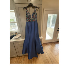 Blue Beaded Floral Satin V-Neck Sleeveless Long Formal Gown Dress