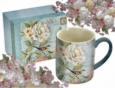 French Country Rose Coffee Mug Flowers Shabby Chic  Cottage Bird Butterfly Box