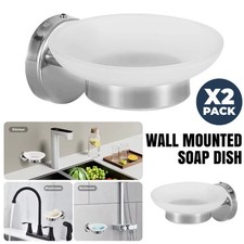 2x Soap Dish Holder Wall Mounted Bathroom Accessory Modern Round White Glass UK