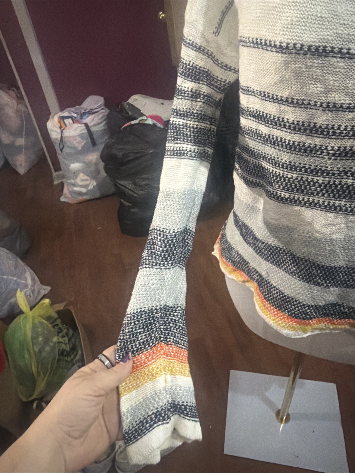 Hem and Thread Pullover Multi Striped Sweater Med - image 4