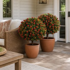 2 Pack Artificial Boxwood Topiary Ball Trees with Red Flowers Porch Yard Decor
