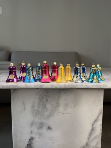 Set Of 12 Vintage Germany Handblown Thin Glass Ornaments 3” Bells Glitter Rare - Picture 2 of 20