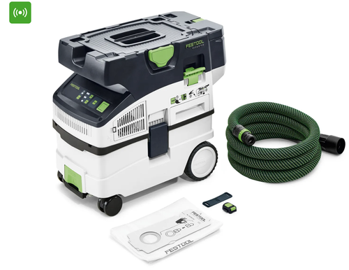 Green and black Festool cordless mobile dust extractor with silver image display, side handle, and vacuum bag on white background.