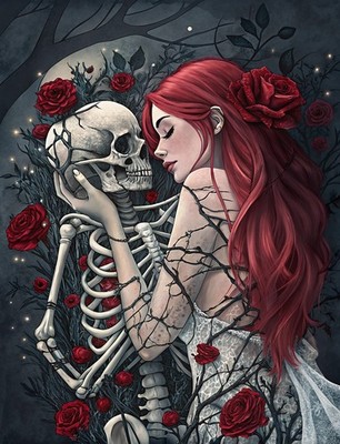 Gothic Fantasy Skelett Liebhaber Rothaariges Mädchen Dark Romance Rosen Surreal Moody V