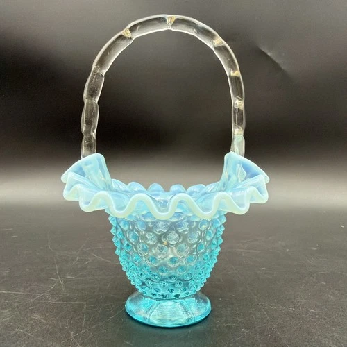 FENTON BLUE OPALESCENT SMALL CRIMPED BASKET