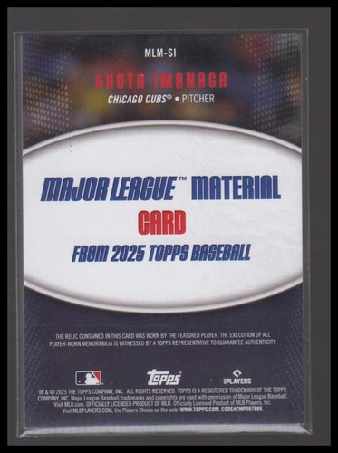 2025 Topps #MLM-SI Shota Imanaga Major League materiale reliquie (serie uno) - Foto 2 di 2