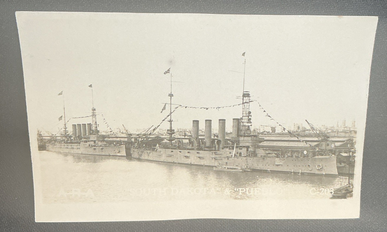 Vintage Postcard RPPC USS South Dakota & Pueblo Navy Military Battle Ships