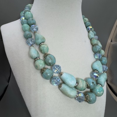 Vendome Green Art Glass Aqua AB Crystal Double Strand Necklace Fleur de Lis