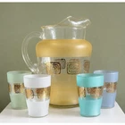 Vintage 60’s Federal Glass Pastel Frosted Greek Key Pitcher & Glasses