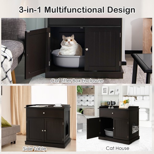 Wooden Cat Litter Box Enclosure w/ Drawer Side Table Furniture Coffee - Picture 6 of 10
