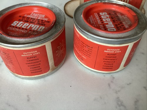 2 Vintage Sterno Canned Heat Cooking Fuel Metal Can W. Contents Paper Label Old - Picture 9 of 10