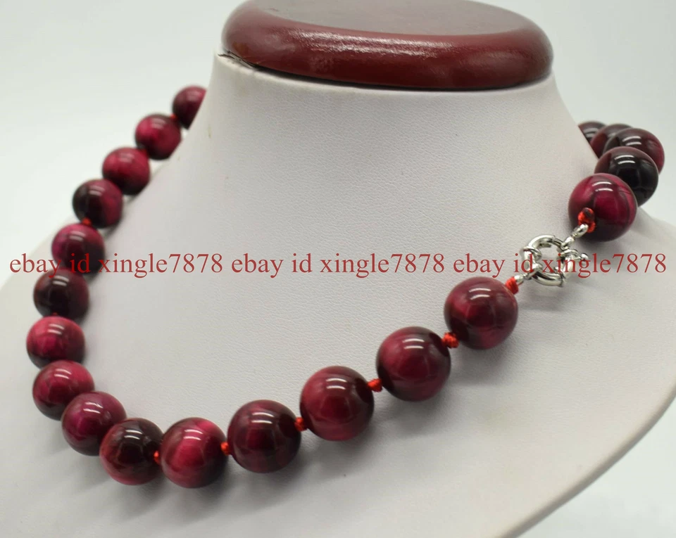 大量 14 毫米天然玫瑰红虎眼宝石圆珠项链 20 英寸 AAA++ — 第 4/4 张图片