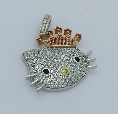 3Ct Weiß Moissanit & Rosa Saphir Hübsch Kätzchen Anhänger 14K Weiß Vergoldet