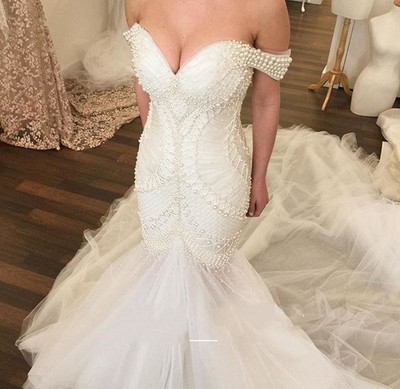 off the shoulder beaded wedding dress