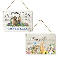 Whaline 2 Pack Happy Easter Wooden Hanging Sign Bunny Door Wall Decoration Ru...