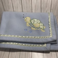 Kids Line Blue Green Turtle Plush Fleece Baby Blanket Satin Border