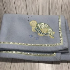 Kids Line Blue Green Turtle Plush Fleece Baby Blanket Satin Border