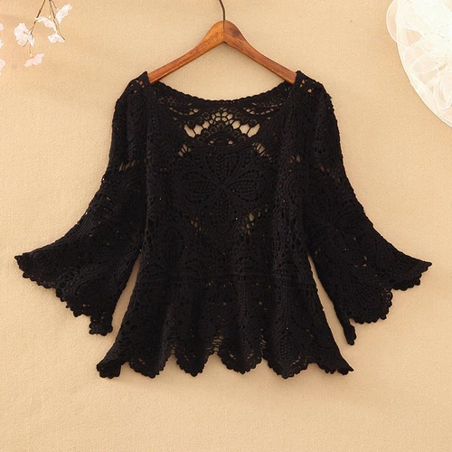 Womens Crochet Crop Top Half Sleeve Hollow Out Lace Shawl Sun Protection Tops - Picture 21 of 26