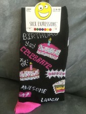 SOCK EXPRESSIONS LADIES' CREW SOCKS FITS 4-10 BLACK BIRTHDAY AWESOME CELEBRATE