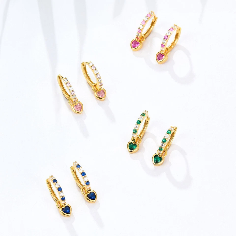 Vergoldete 925 Silber Creolen m. Herz-Einhänger Zirkonia Damen Mädchen Ohrringe - Bild 3 von 4