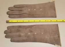 VINTAGE 9" beige Italy Velour GLOVES WITH gold accent on wrist/edges, size 7 3/4