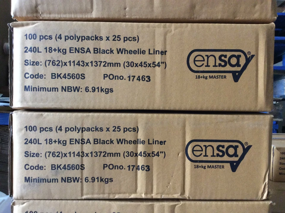 WARD HYGIENE SERVICES LTD 100 x Wheelie Binliners Sacks Refuse Bag Black Rubbish Bags Bin Liners 240L