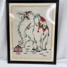 Vintage Circus Elephant Crewel Framed Artwork Stitchery Embroidery Picture 11x14