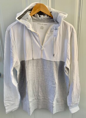 Men's American Eagle AEO Half-Zip Popover Hoodie Large White Grey - New