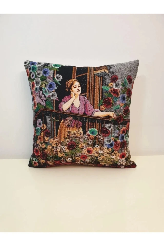Tapestry Pillow Cover,Ottoman Women Gobelin Pillowcase,Housewarming Woven Throw - Image 3 of 4