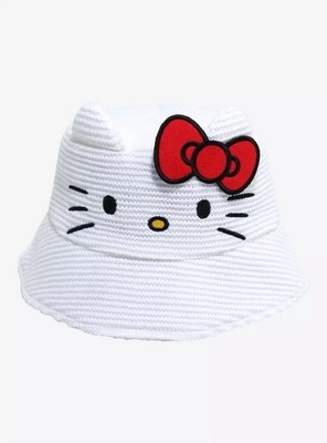 Sanrio Hello Kitty 3D Ears w/ Red Bow White Knit Lined Bucket Hat Licensed - NWT