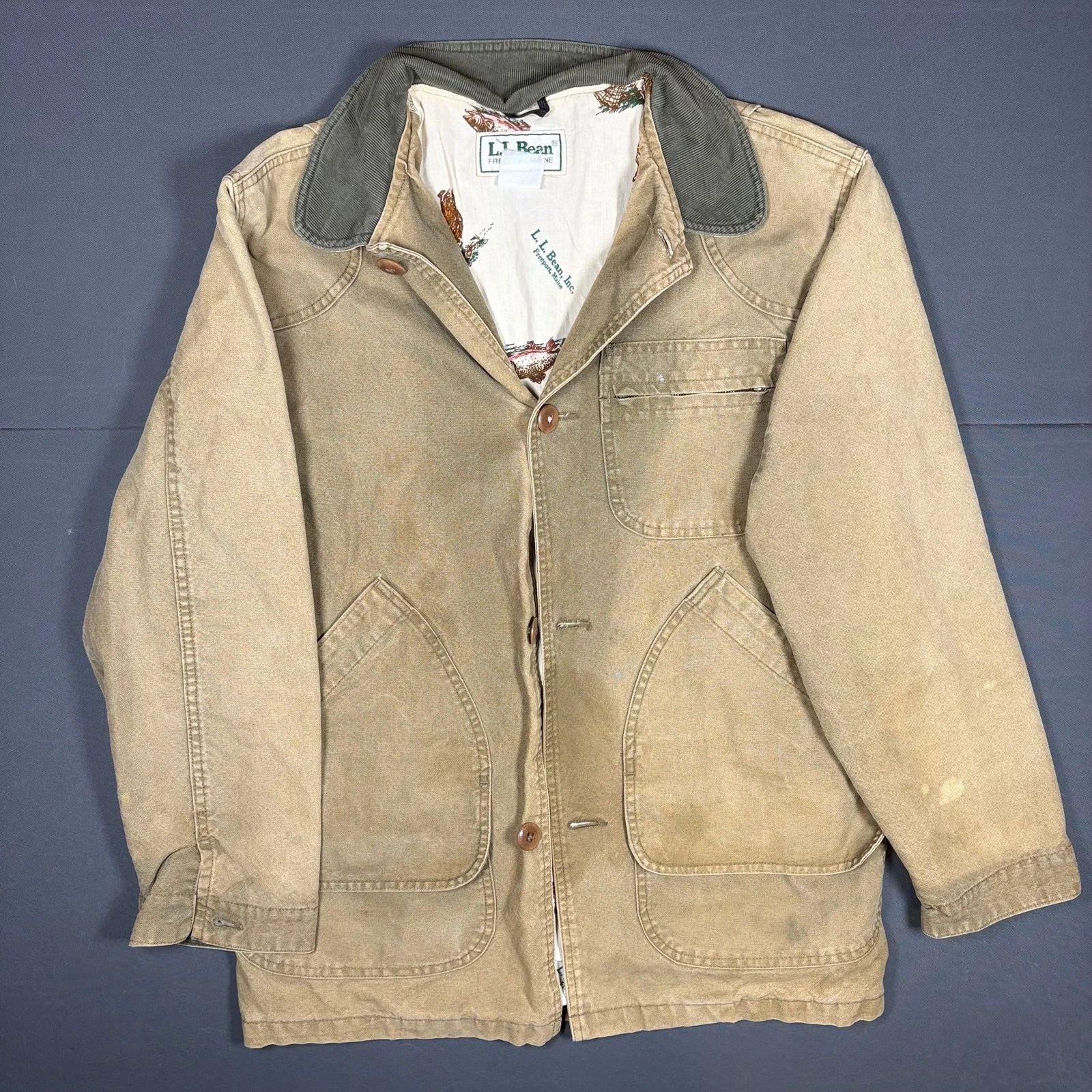 Vintage L.L. Bean Field Jacket Canvas Barn Coat Wildlife Fish Print Lining Men L