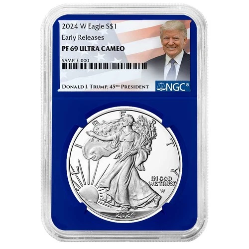 2024-W $1 1-oz Proof American Silver Eagle NGC PF69UC ER Trump Label Blue Core